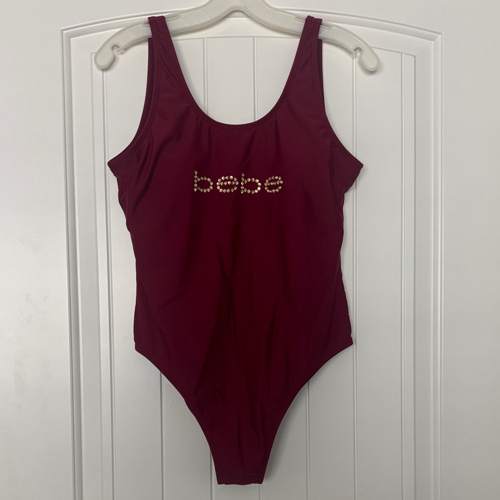 bebe Burgundy One-Piece Swimsuit with Gold Stud Logo